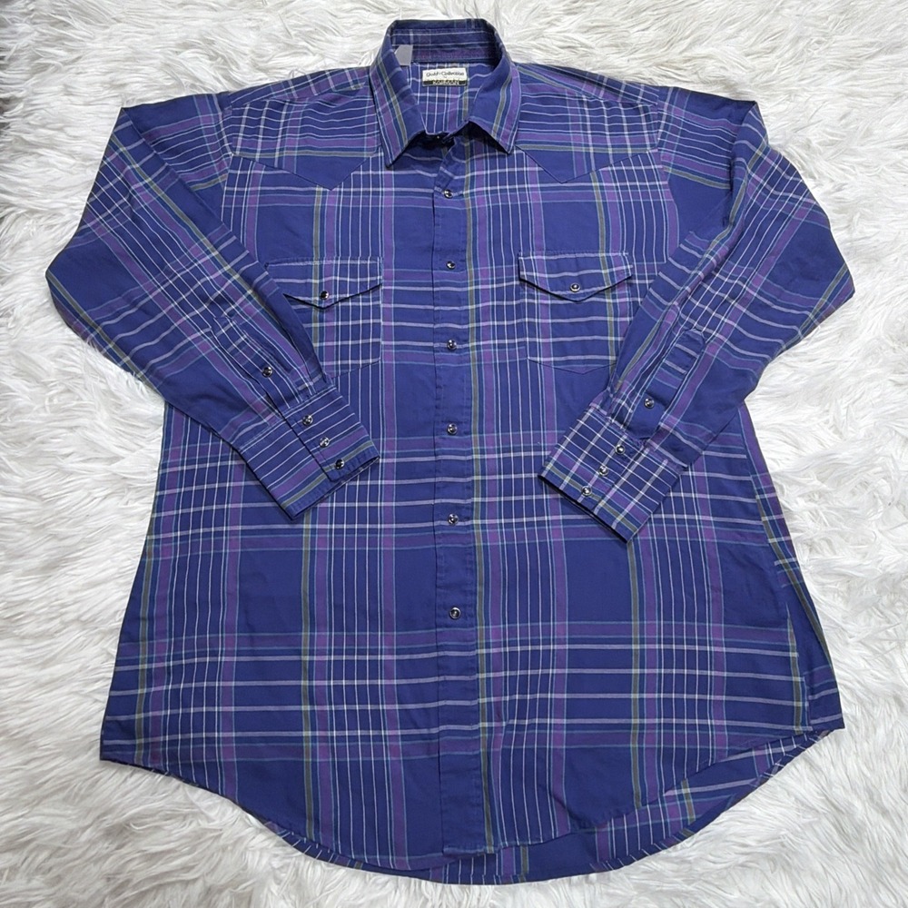 Vintage 1980's Western Pearl Snap Shirt KARMAN Gold Collection Blue Plaid Cowboy